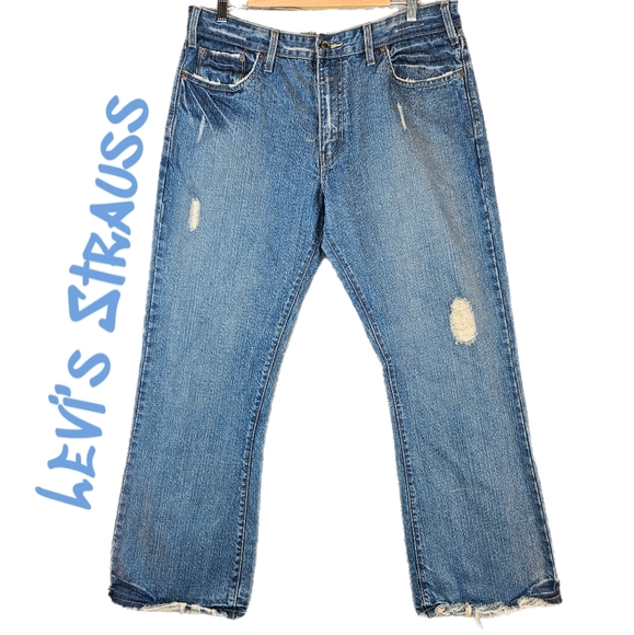 Levi's Strauss Mens Blue Denim Jeans Sz 36x30 Distressed Grunge Low Bootcut - Picture 1 of 12